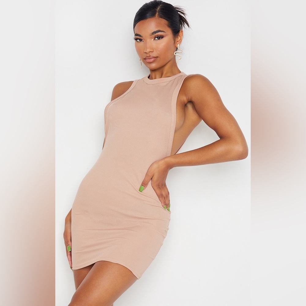 Tan Ribbed Scoop Armhole Bodycon Dress